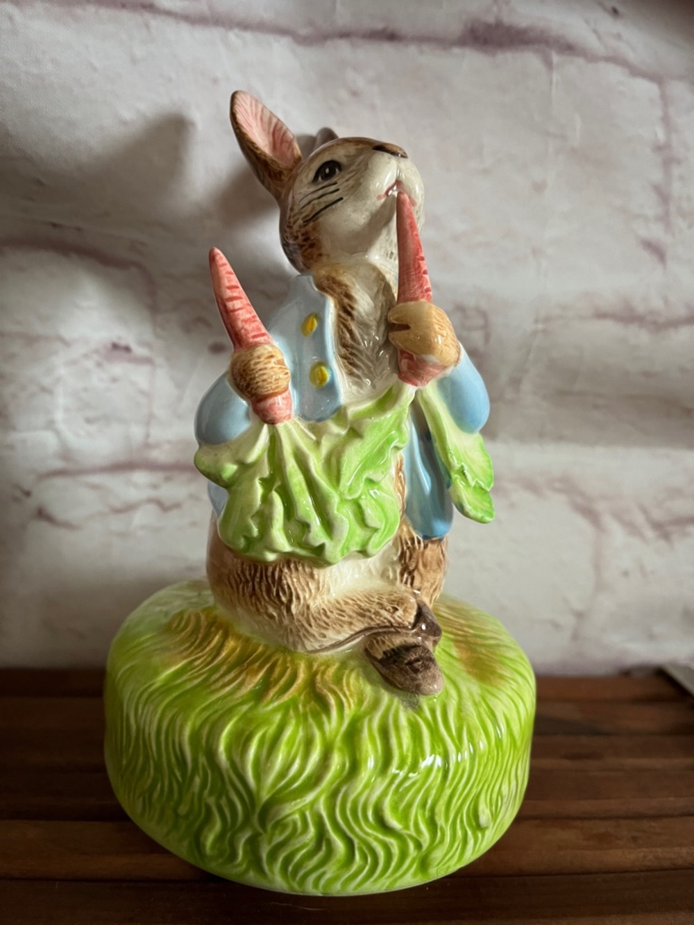 Hand-Painted Ceramic Bunny Figurine in Pastel Green and Blue music box